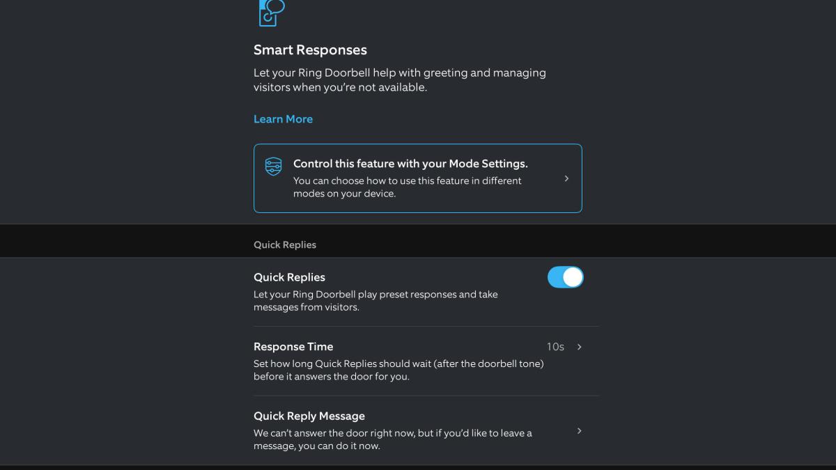Ring's app showing Quick Replies turned on.