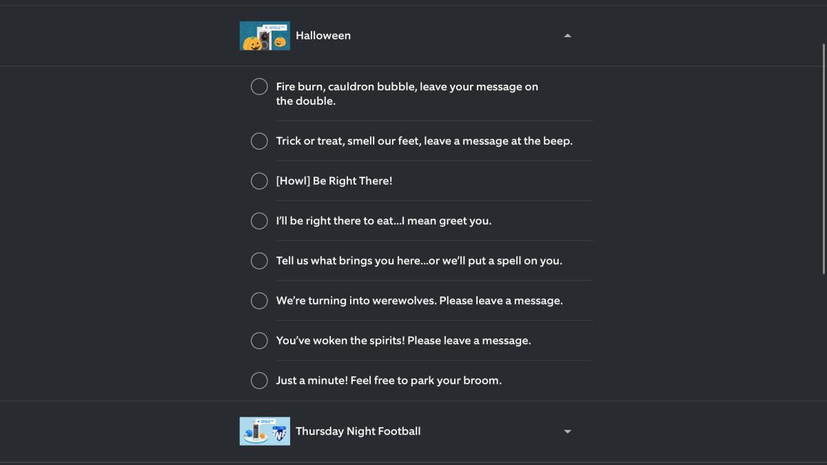 Ring's app showing Halloween quick reply options.