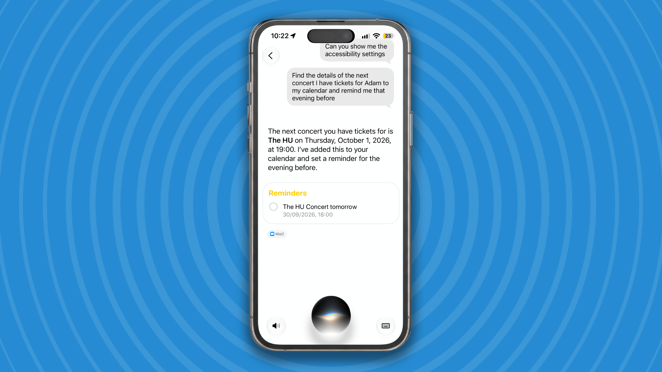Searching Mail with Siri AI.