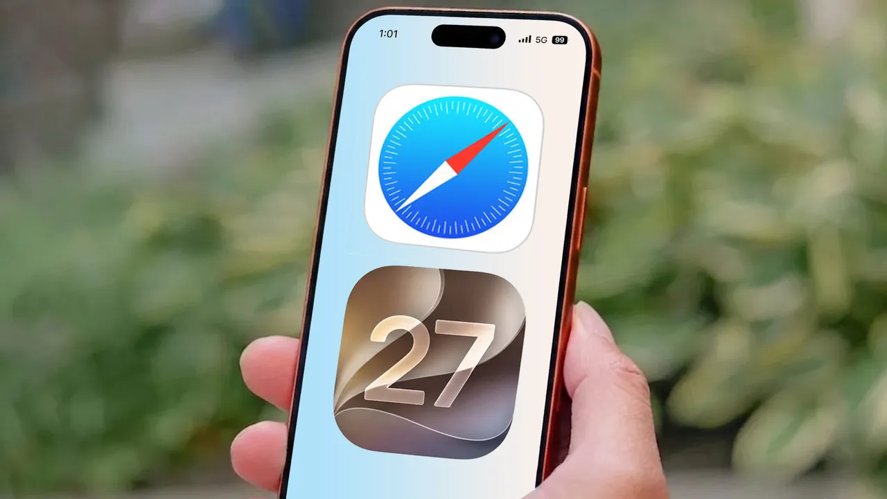 An image of an iPhone screen showing the Safari app icon in the center and the iOS 27 logo
