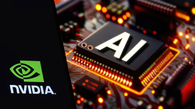 لوگوی Nvidia در مقابل پردازنده کامپیوتری با نمایش عبارت AI