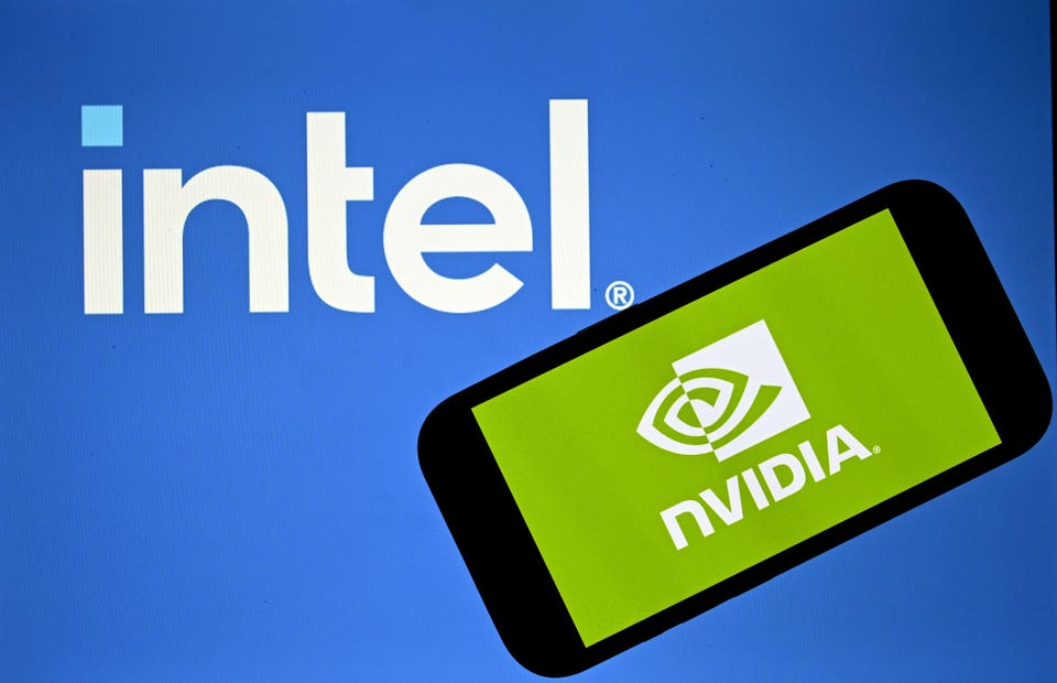 Nvidia logo next to the Intel logo for the comparison of Intel vs Nvidia stock.