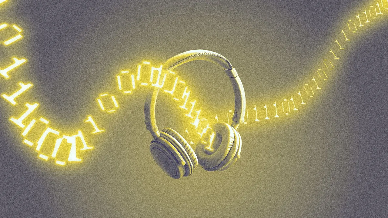 Illustration of a pair of headphones with a curving line of binary code coming from each earpiece.