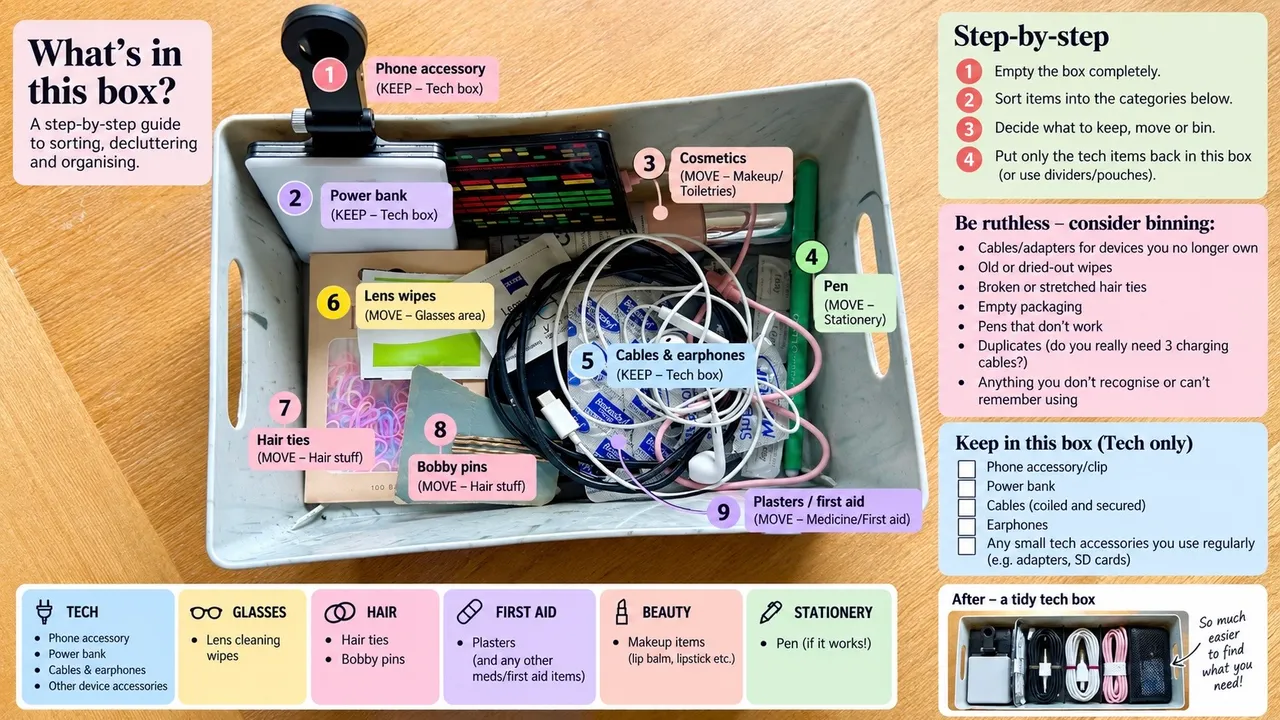 A ChatGPT generated image of becca's desk box with annotations to help her sort it.