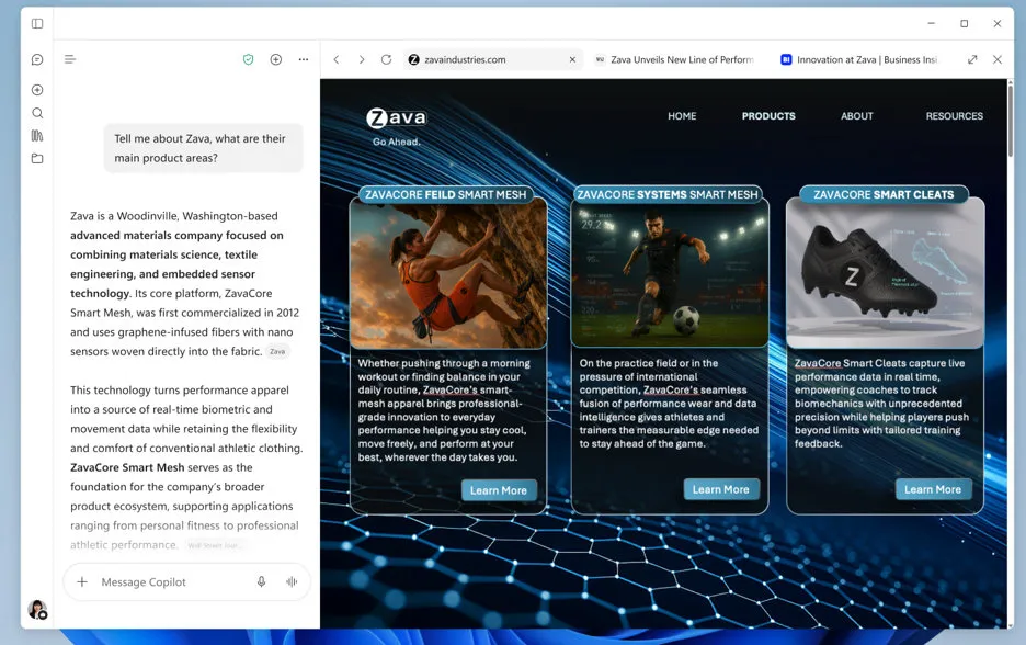 A split-screen view of the Microsoft Copilot application featuring built-in web browsing, showing an AI chat panel on the left generating information about a company called Zava alongside a browser window open to zavaindustries.com on the right.