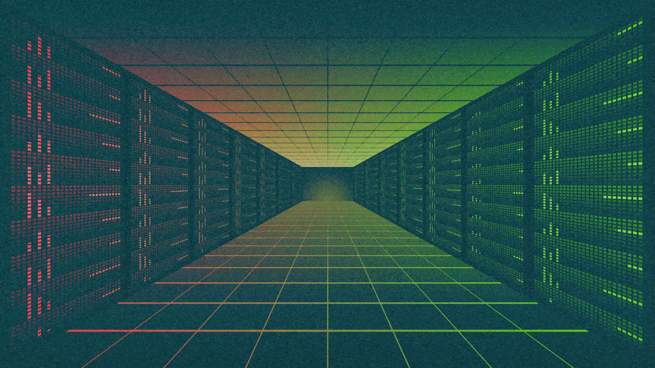 Animated illustration of a data center corridor with servers on each side. Along the left-hand side, lights spelling out "%&&#!
