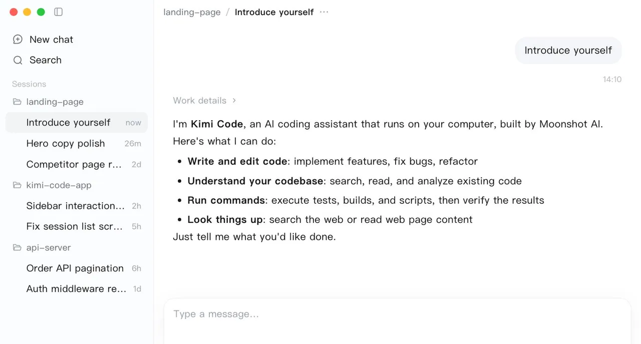 محیط کاربری اپلیکیشن دسکتاپ Kimi Code شامل پروژه، مکالمه با ایجنت و پنل مرورگر