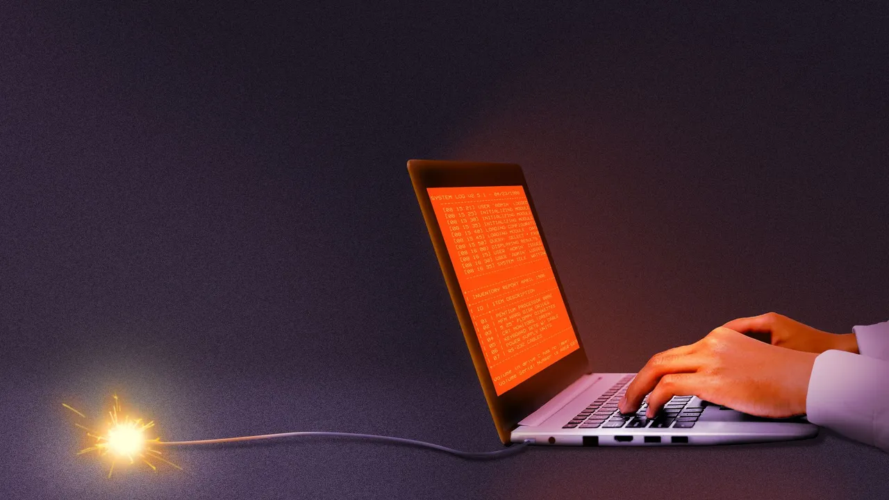 Illustration of a person at a laptop with a cord featuring a lit fuse