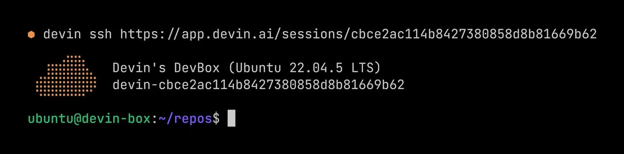 ترمینال متصل‌شده از طریق SSH به سرور توسعه Devin با سیستم‌عامل Ubuntu 22.04
