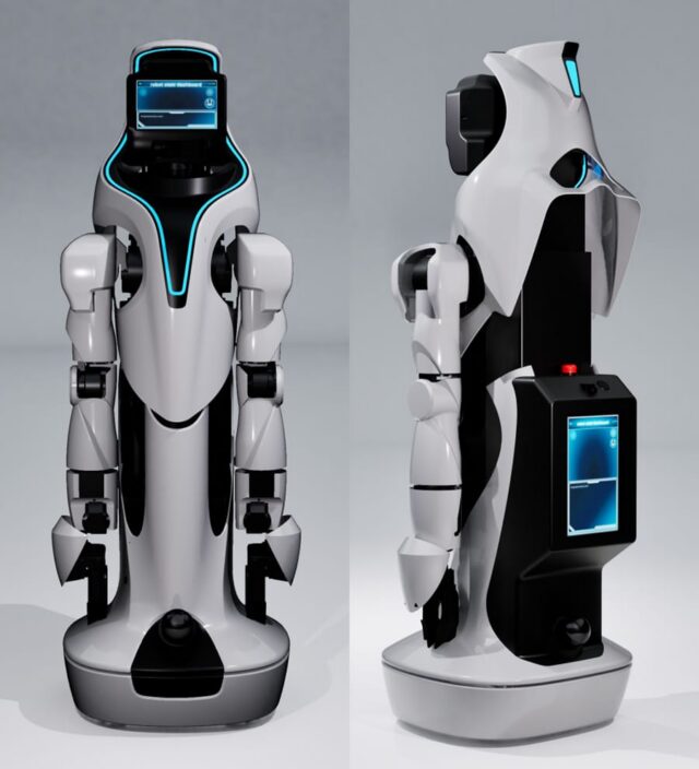 Toyota's ELEY robot is a humanoid robot that rolls around on wheels and has two hands for manipulation tasks. This image is a composite picture showing the robot from the front (left image) and from the back (right image).
