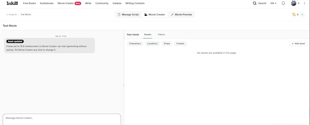 اسکرین‌شات از Inkitt Movie Creator مبتنی بر هارنس Cinematica