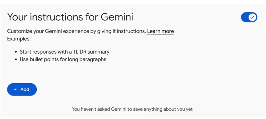 تصویری از تنظیمات هوش فردی و شخصیسازی در Gemini