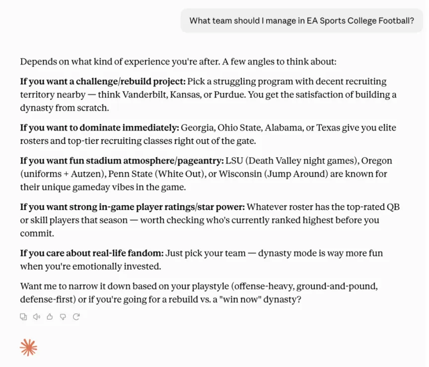 تصویری از پاسخ Claude به انتخاب تیم در بازی EA Sports College Football