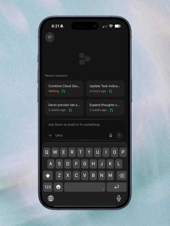 نمای اپلیکیشن Devin Mobile که تسکها و نشستهای کدنویسی اخیر را روی آیفون نشان میدهد