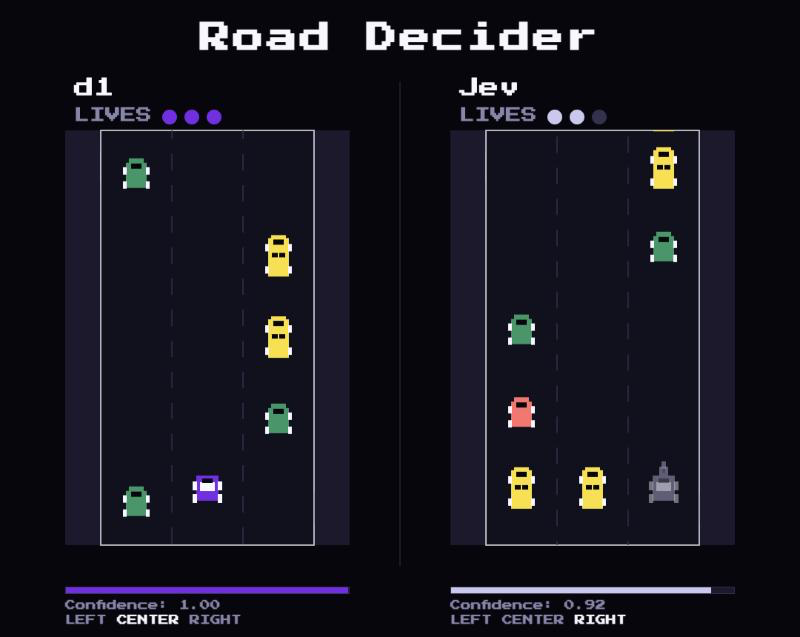 Split-screen Road Decider game with directional choices and confidence scores