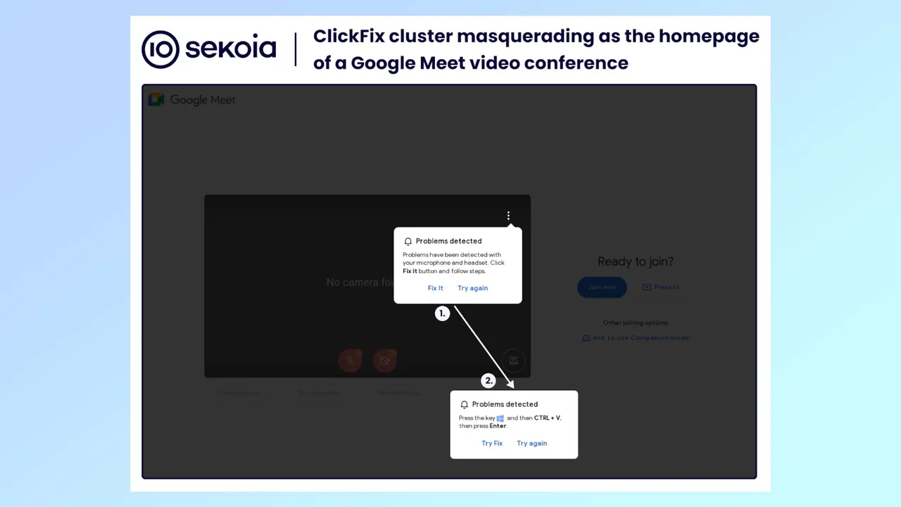 یک صفحه فرود جعلی از گوگل میت که در کمپینهای هک ClickFix استفاده میشود