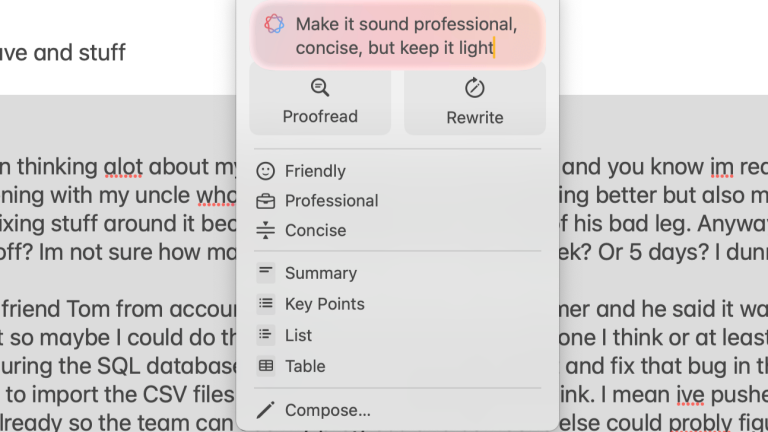 Apple Intelligence writing menu options