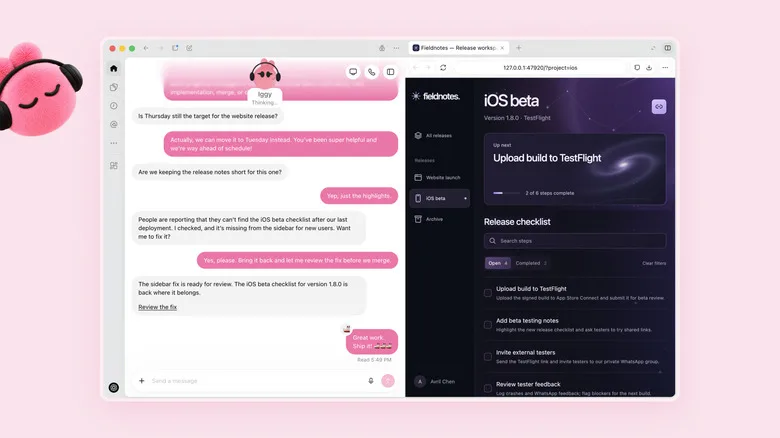 OpenAI's Iggy Dot discussing an iOS beta beside a release checklist.