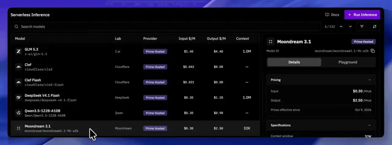 Prime Inference dashboard showing Moondream 3.1 pricing and context-window details