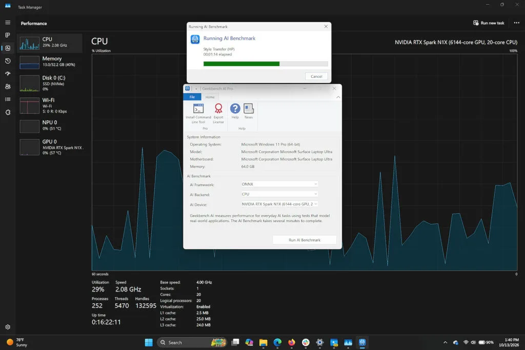 اسکرینشاتی از اجرای بنچمارک هوش مصنوعی Geekbench روی پردازنده مرکزی با نمایش تسک منیجر
