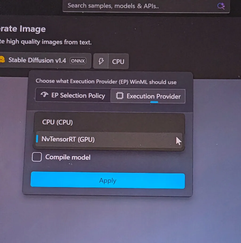منوی کشویی داخل AI Dev Gallery برای انتخاب پردازش مدل روی CPU یا GPU