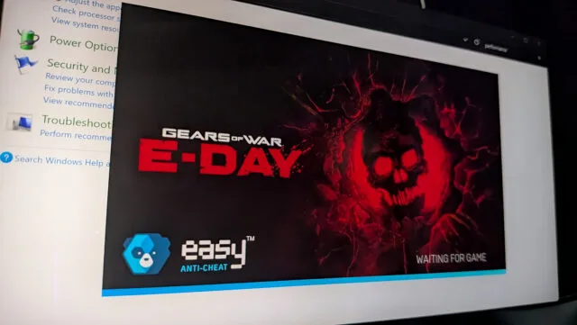 صفحه بارگذاری بازی Gears of War: E-Day به همراه لوگوی سیستم ضدتقلب Easy Anti-Cheat روی دسکتاپ ویندوز