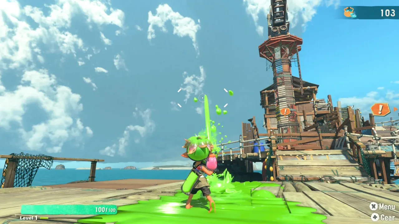 مکانیک در حال شلیک جوهر روی عرشه کشتی در بازی Splatoon Raiders