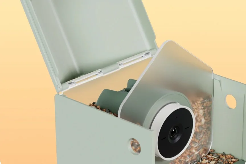 An open Birdbuddy smart feeder.