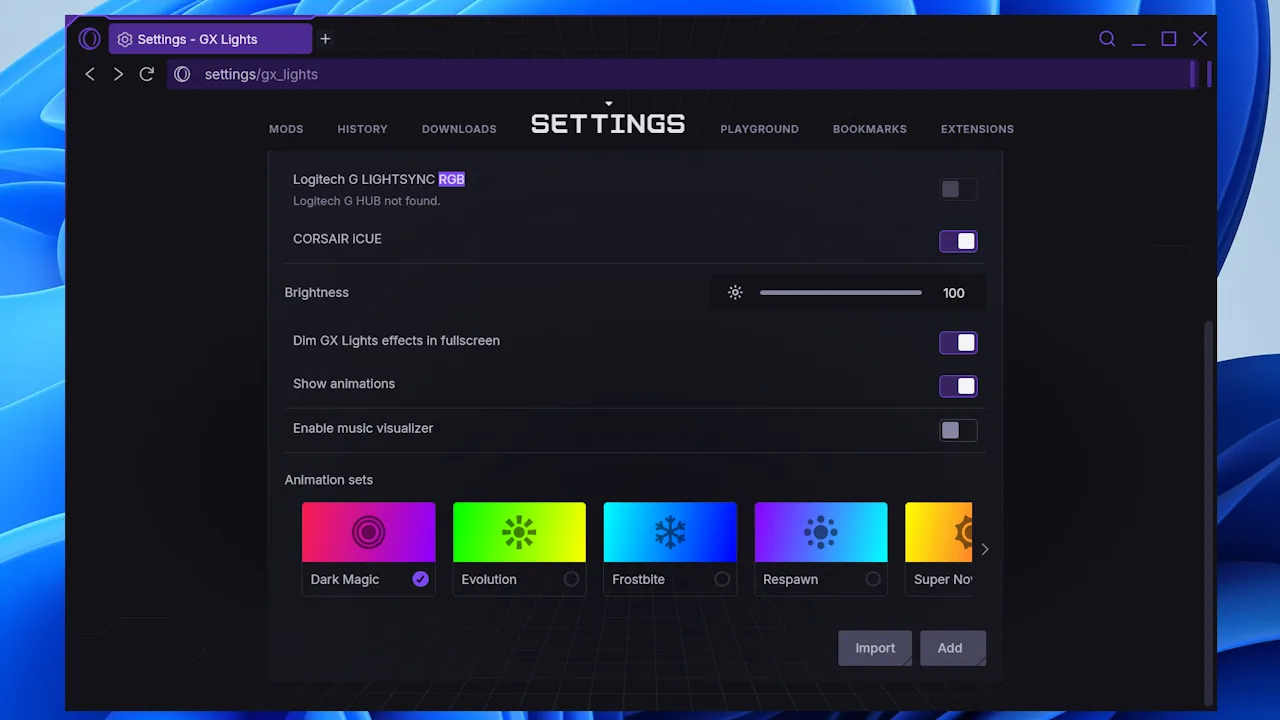 کنترلهای نورپردازی RGB در مرورگر Opera GX
