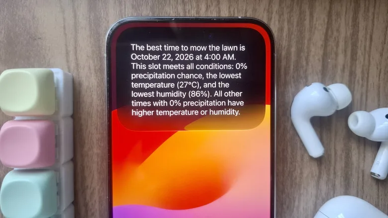iPhone showing Siri AI running When Should I Mow Shortcut