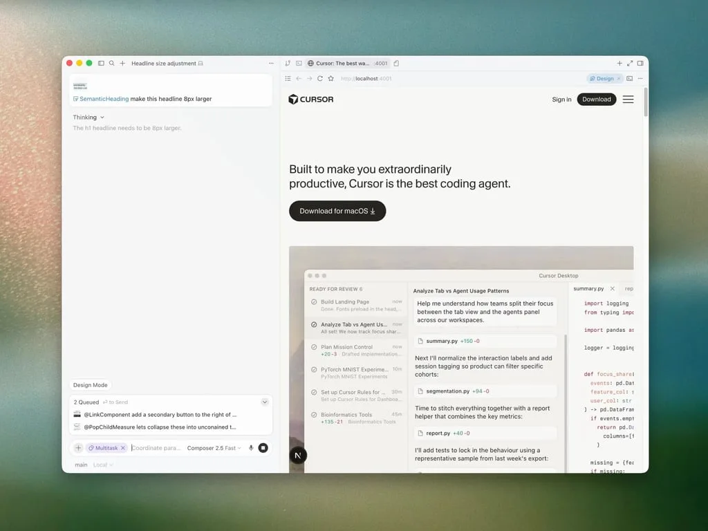 Cursor Design Mode showing a browser annotation beside the agent task panel