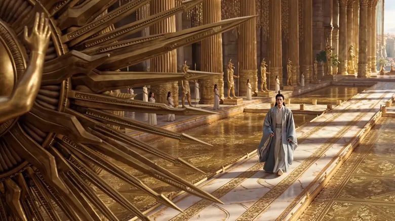 Screenshot of the film, a man in robes walks down a large gold hallway